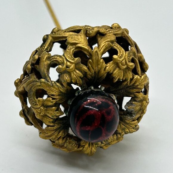 Estate Jewelry - Antique Edwardian Hat Pin Gilded Brass Filigree Red Cabochon 1900s 9" READ